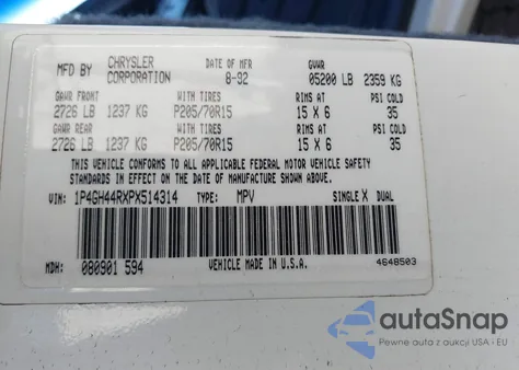 1993 Plymouth Grand Voyager Se из США, поврежденный, VIN 1P4GH44RXPX514314